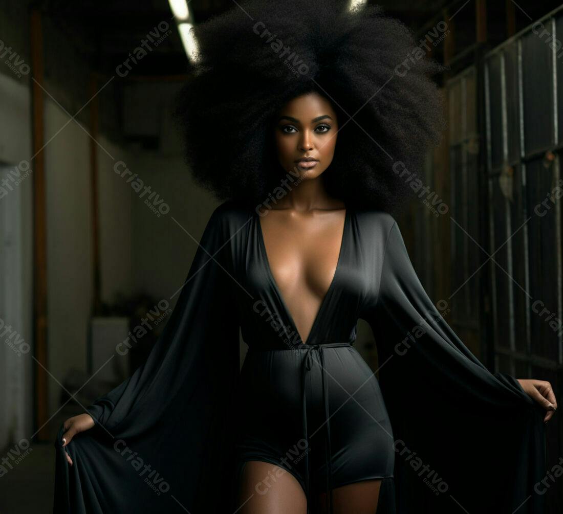 Modelo negra em macacão preto elegante