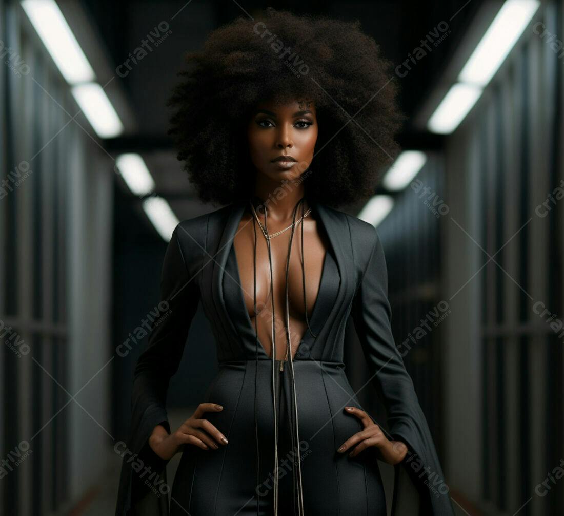 Modelo negra em macacão preto elegante