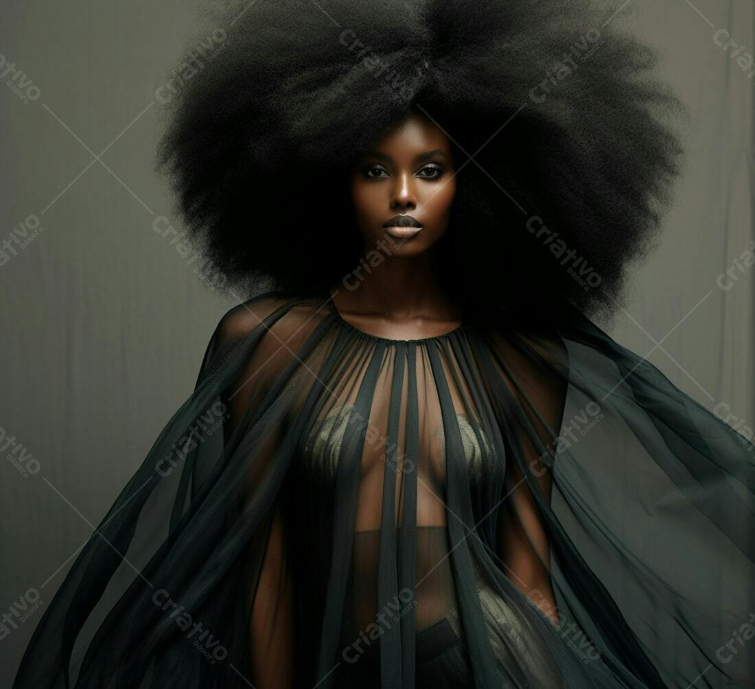 Modelo negra com cabelo afro usando vestido transparente