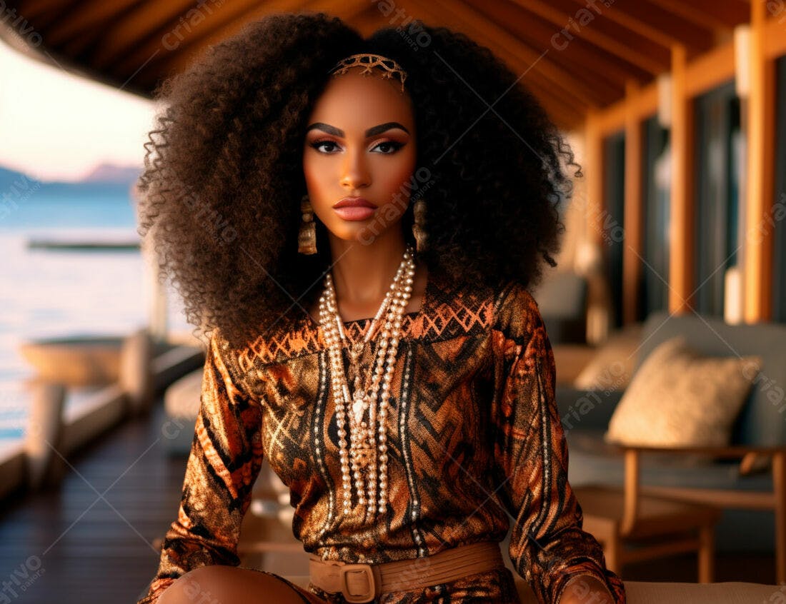 Modelo negra com vestido dourado e pérolas