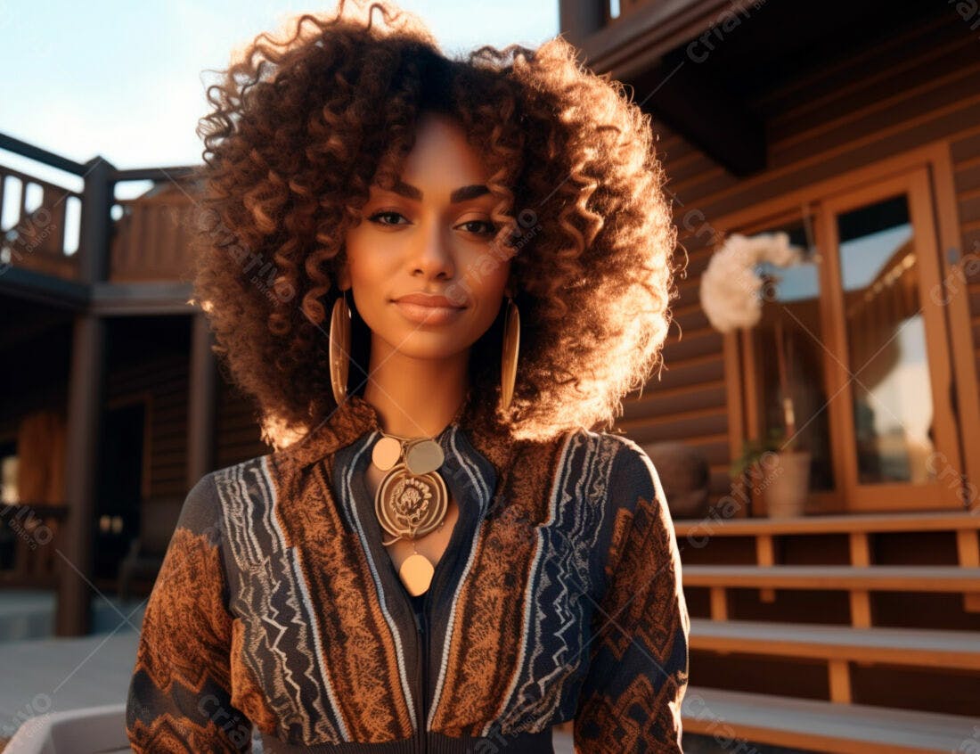 Mulher negra com cabelo afro usando blusa marrom