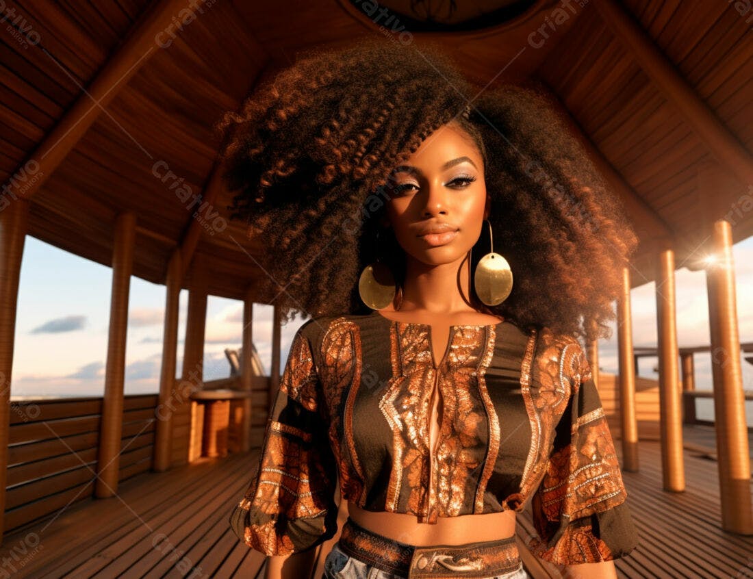 Modelo negra com cabelo afro em gazebo de madeira