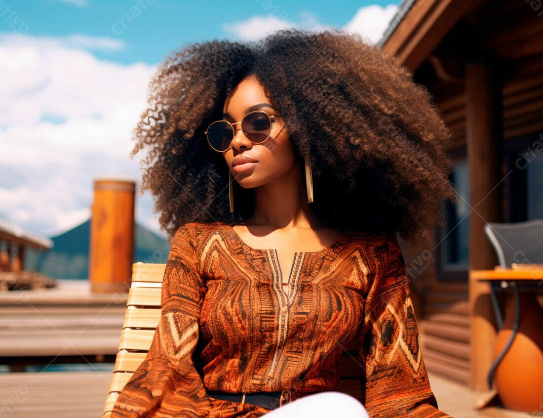 Mulher negra com cabelo afro relaxando em varanda