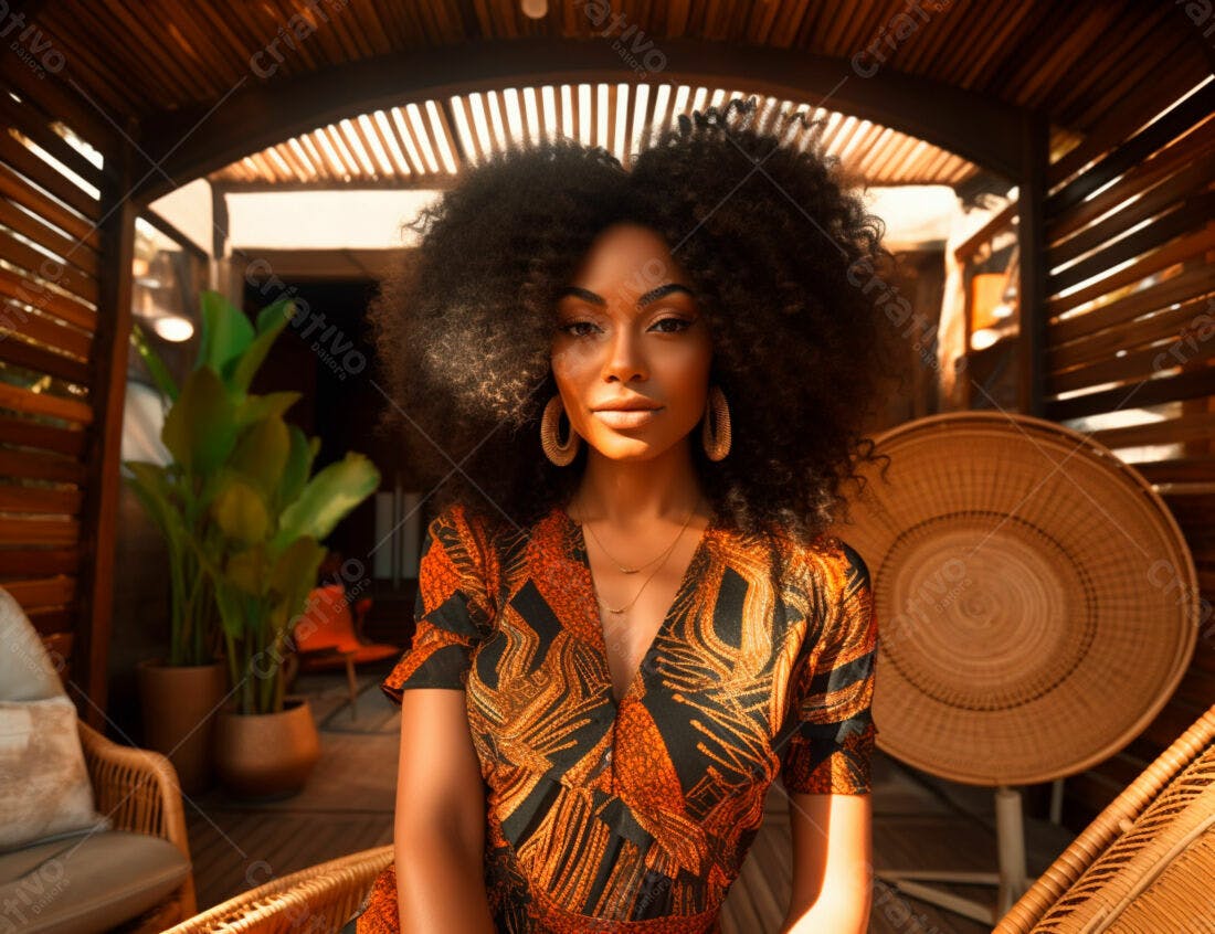 Mulher negra com vestido estampado em ambiente externo