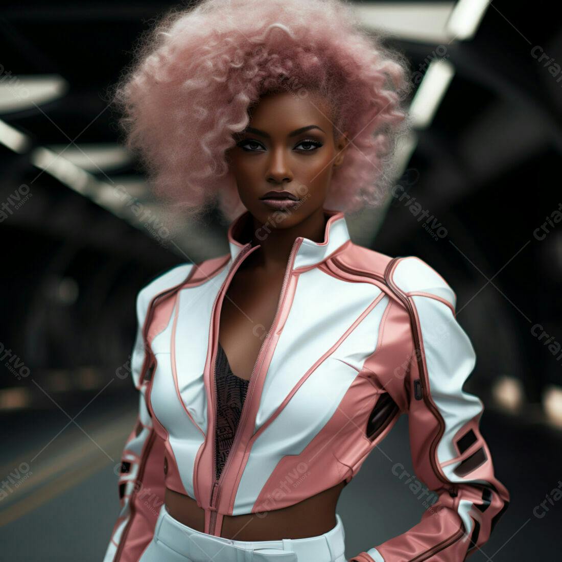 Modelo negra com cabelo rosa em jaqueta futurista