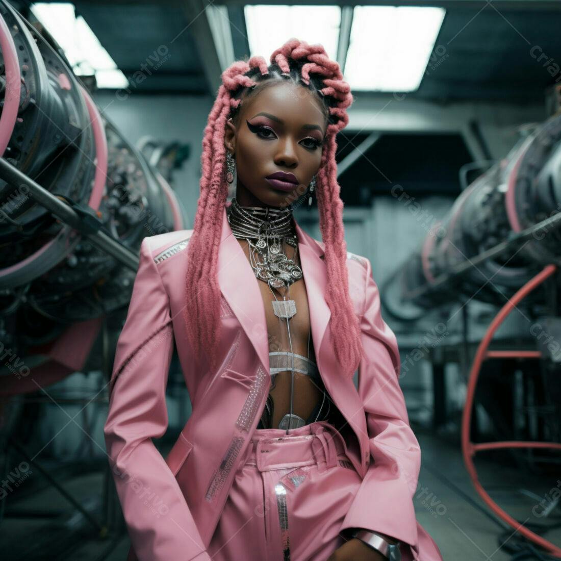 Modelo negra em terno rosa em ambiente industrial