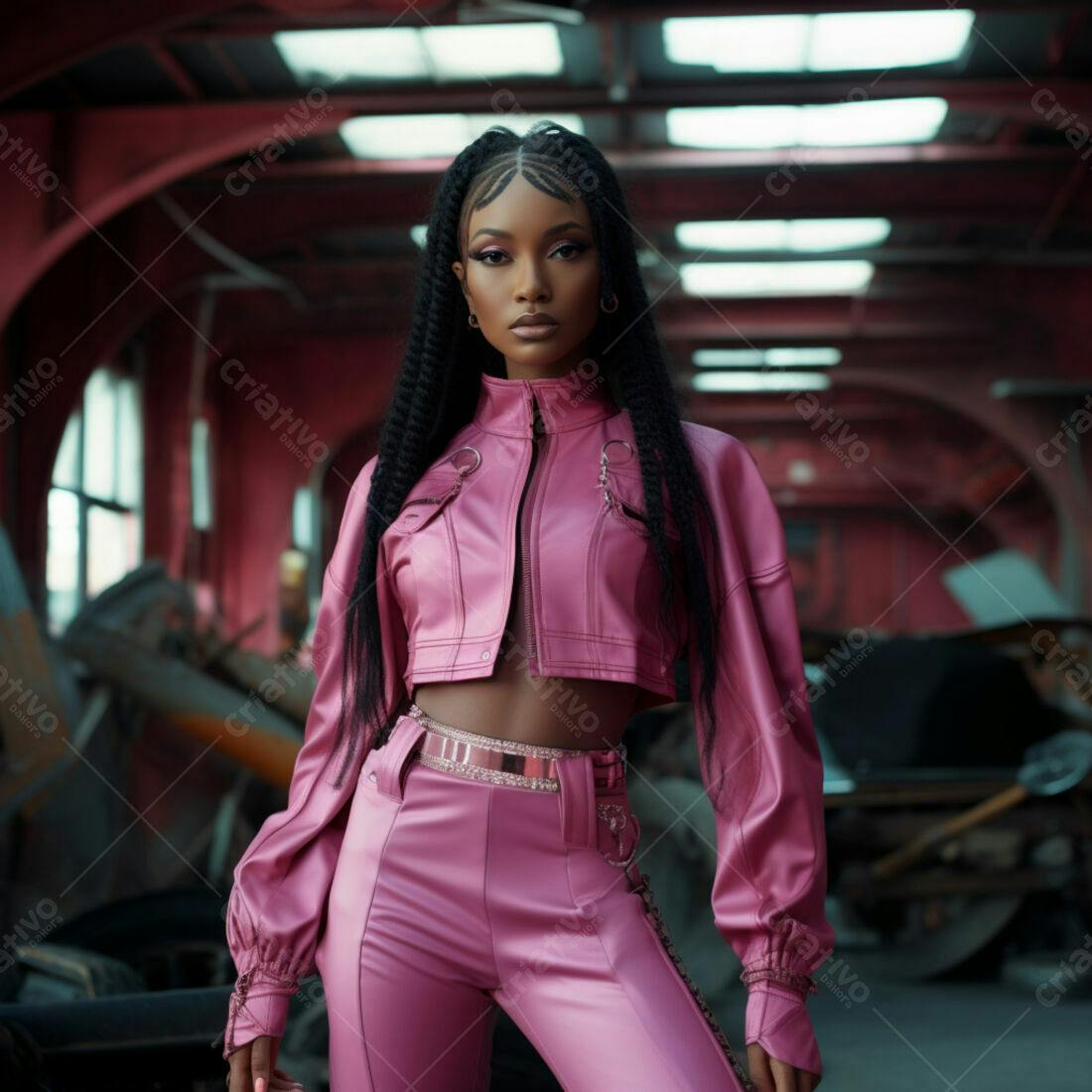 Modelo negra em look rosa em galpão industrial