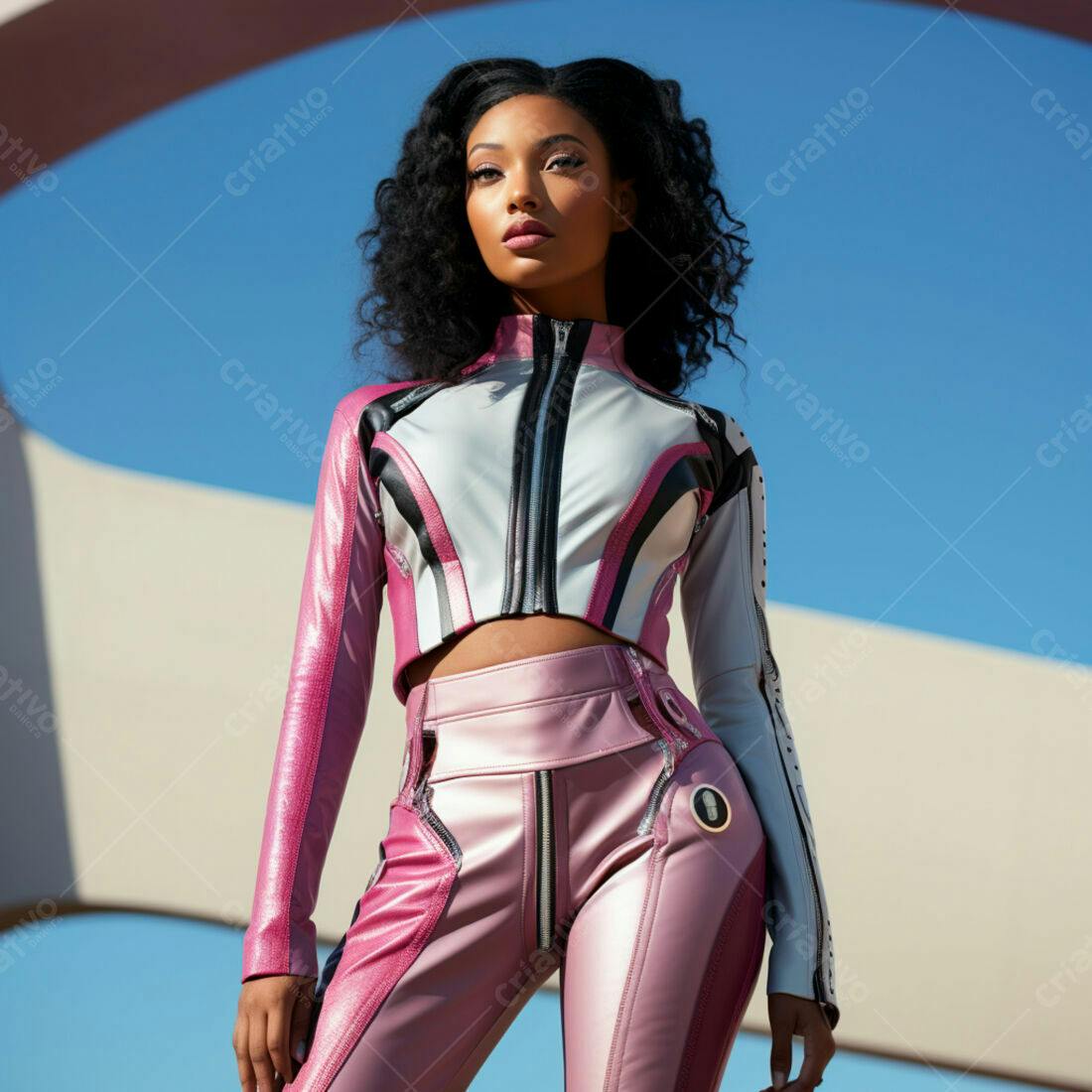 Modelo negra usando look rosa e branco