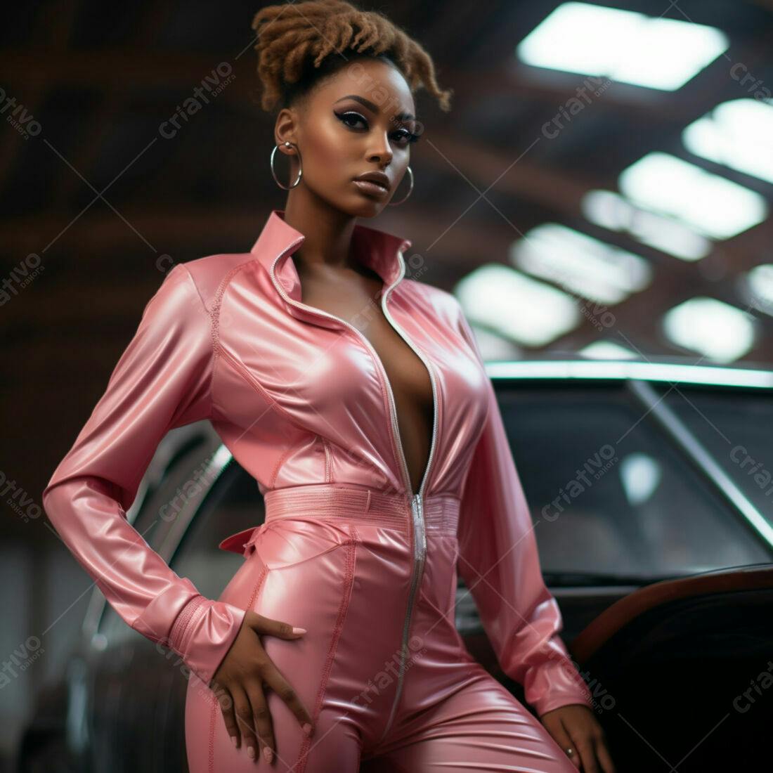 Modelo negra em macacão rosa