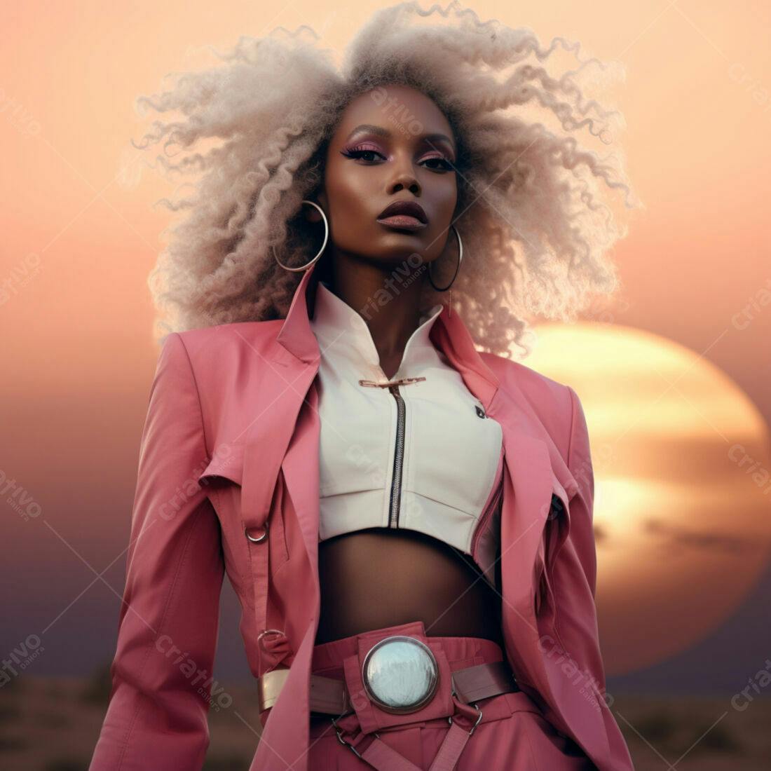 Modelo Afro com cabelo crespo rosa ao pôr do sol