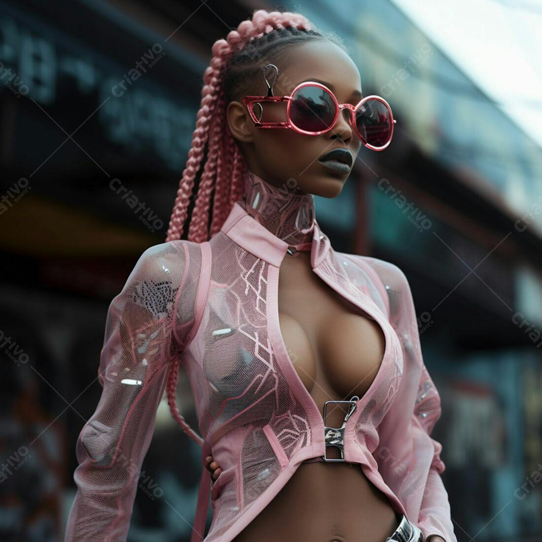 Modelo com óculos rosa e blusa transparente
