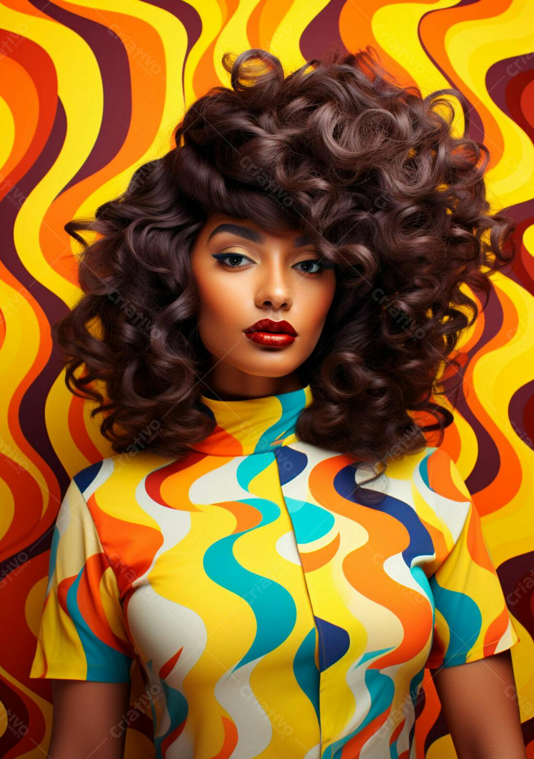 Modelo com cabelo cacheado e vestido vibrante