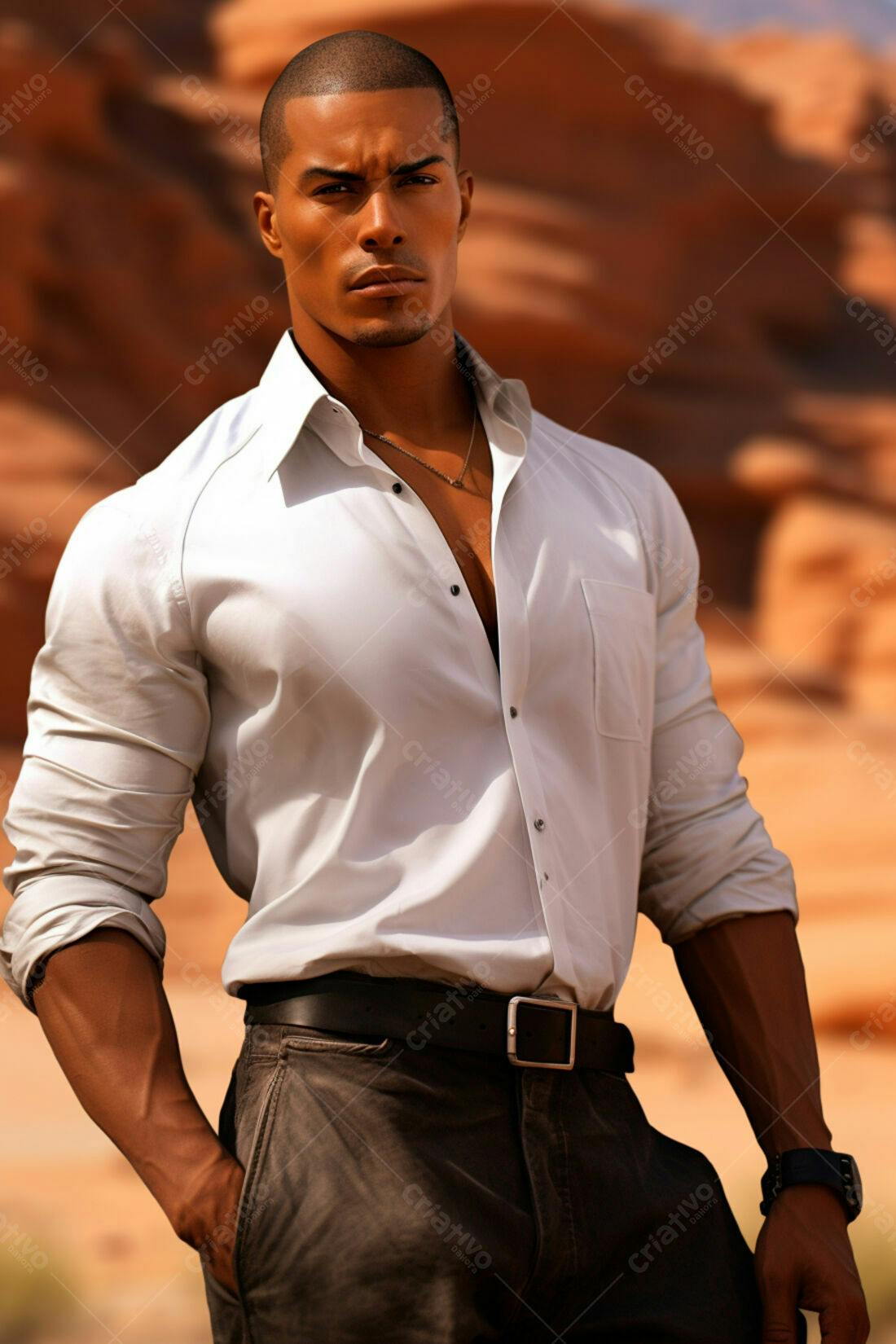 Modelo masculino em camisa branca no deserto
