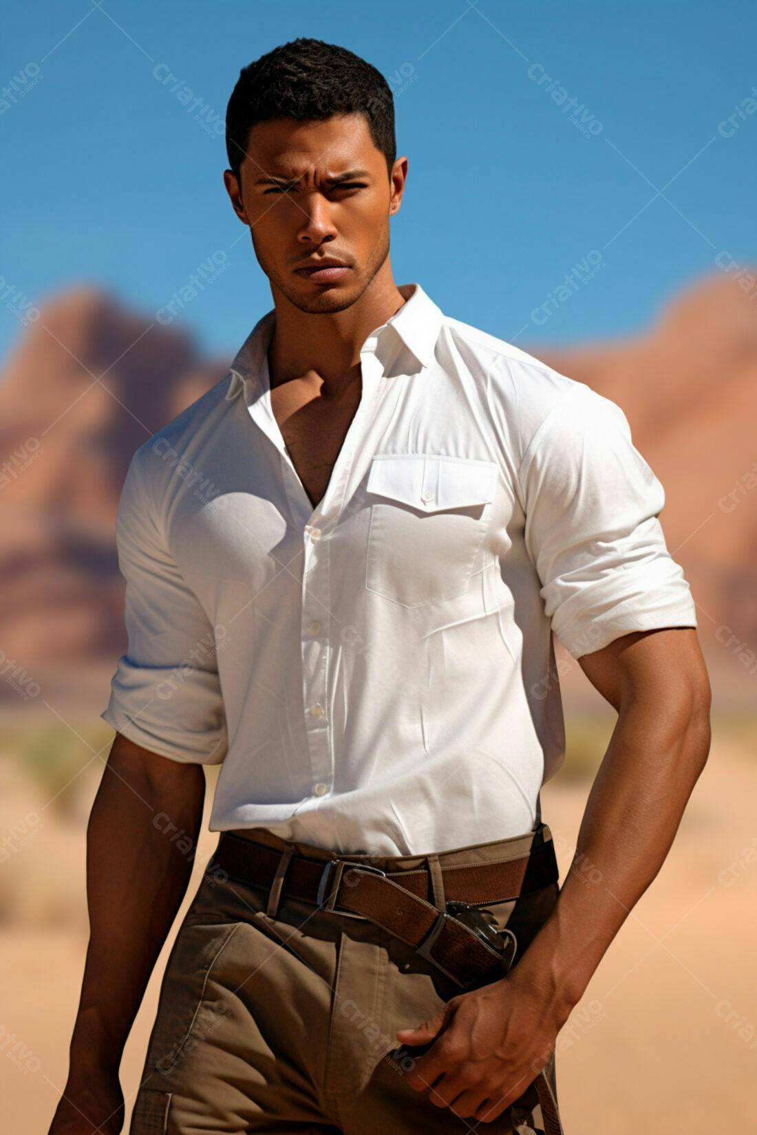 Homem moreno em camisa branca no deserto