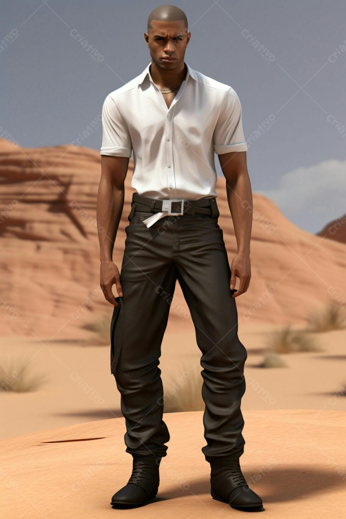 Homem negro em deserto usando camisa branca e calças escuras