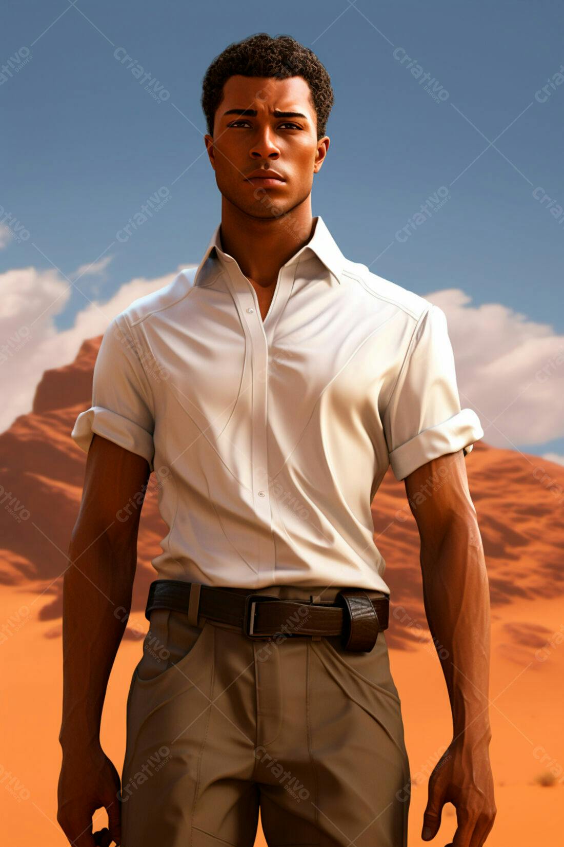 Homem negro em camisa branca no deserto