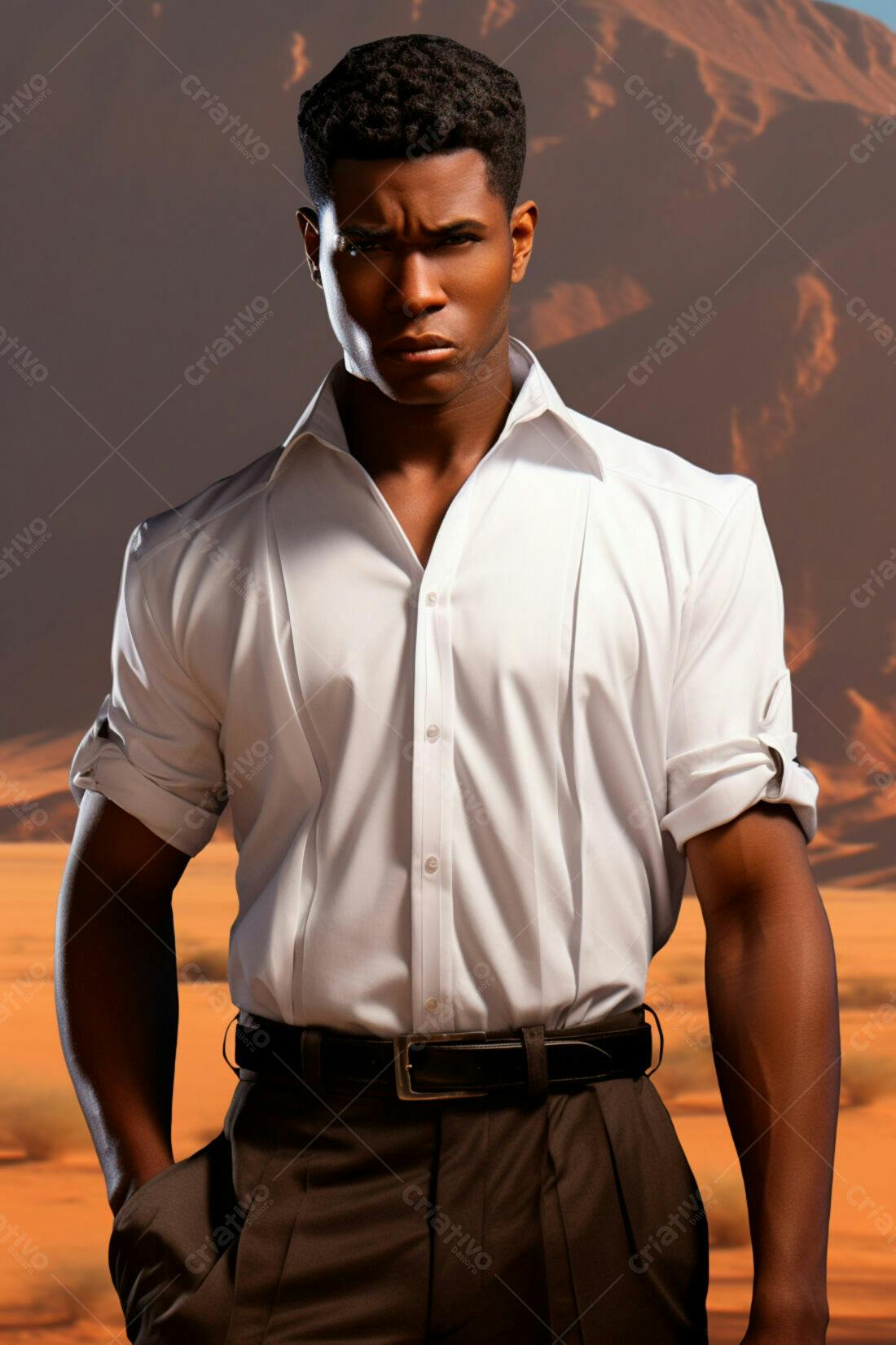 Homem negro camisa branca deserto
