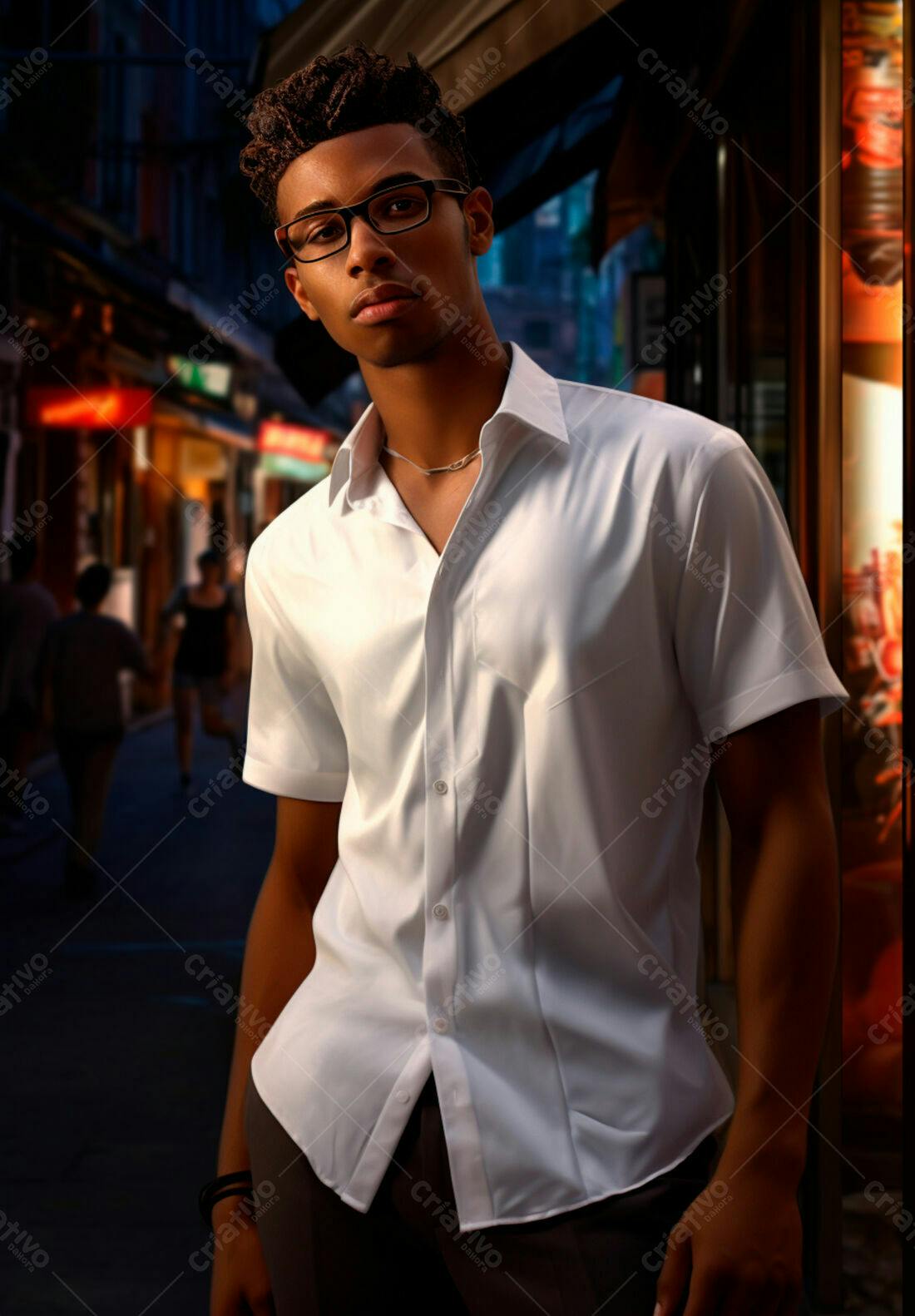 Homem negro camisa branca noite cidade