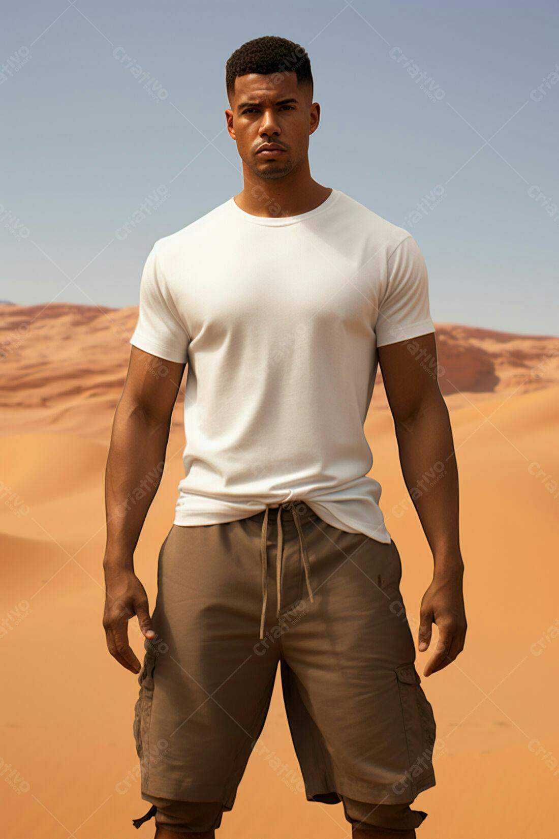 Modelo masculino vestindo camiseta branca e shorts em deserto