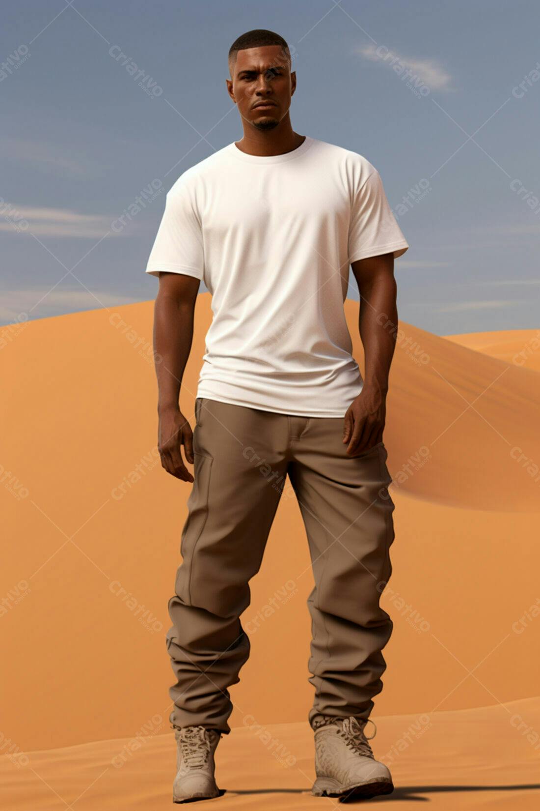Modelo masculino em deserto usando roupa casual