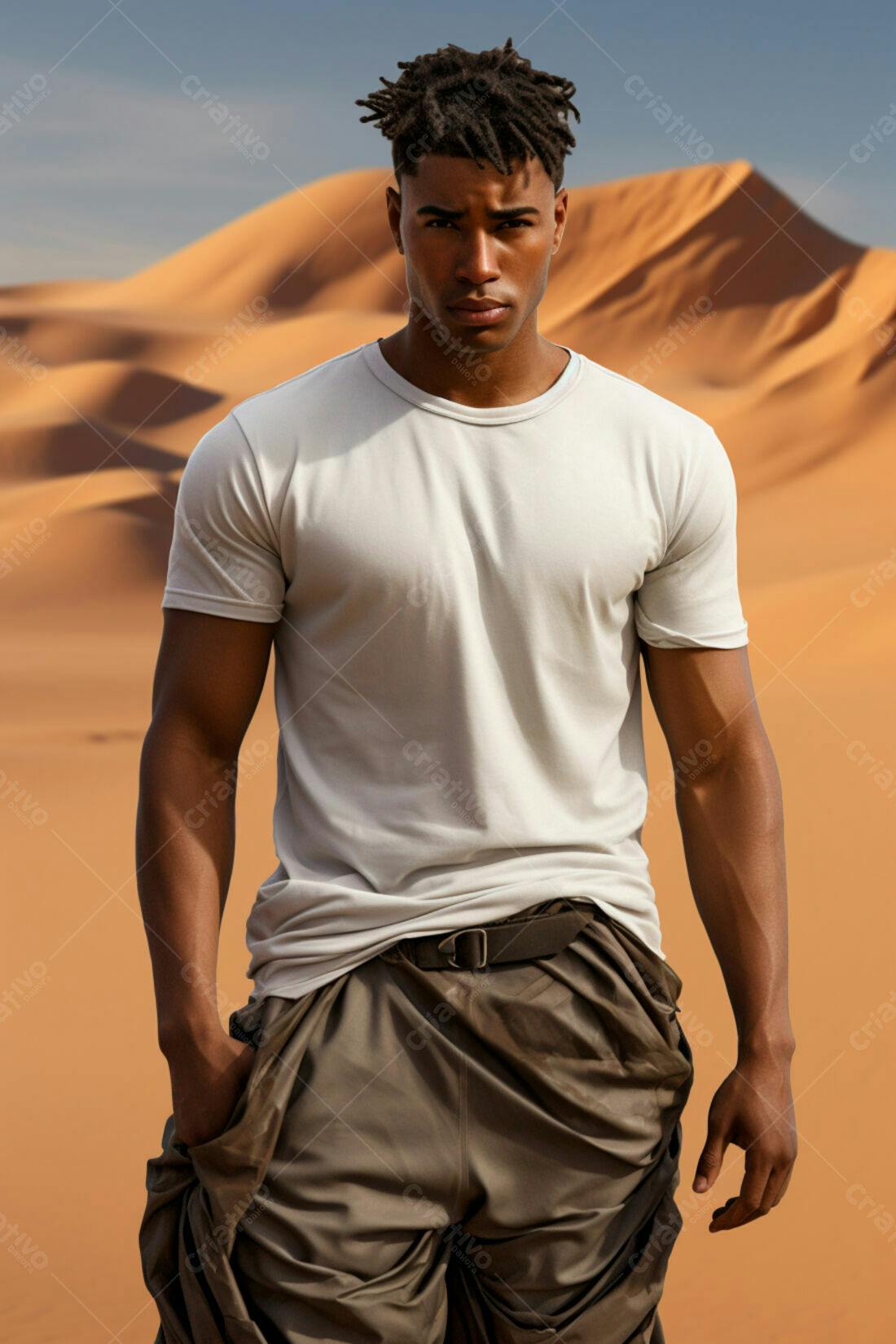 Modelo masculino em deserto arenoso