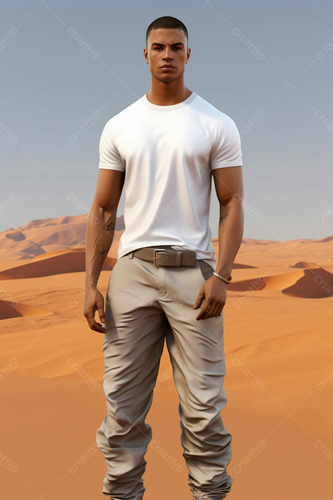 Homem moreno em camiseta branca no deserto