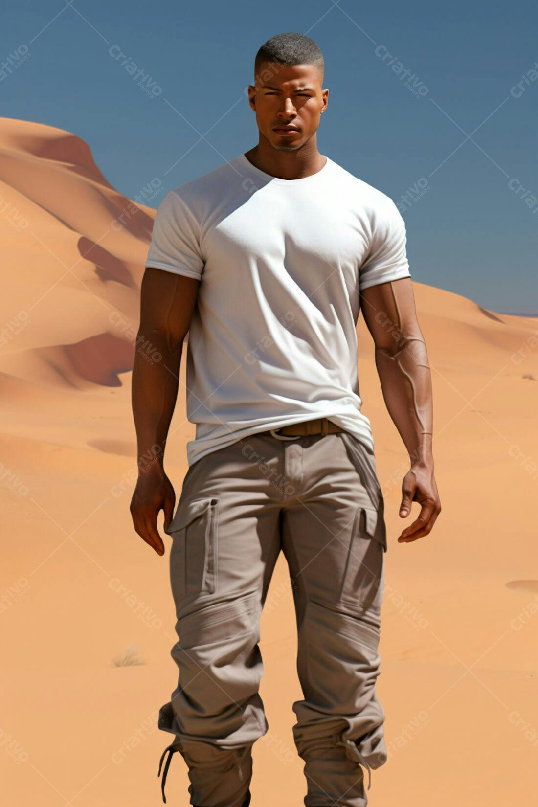 Homem moreno no deserto usando camisa branca