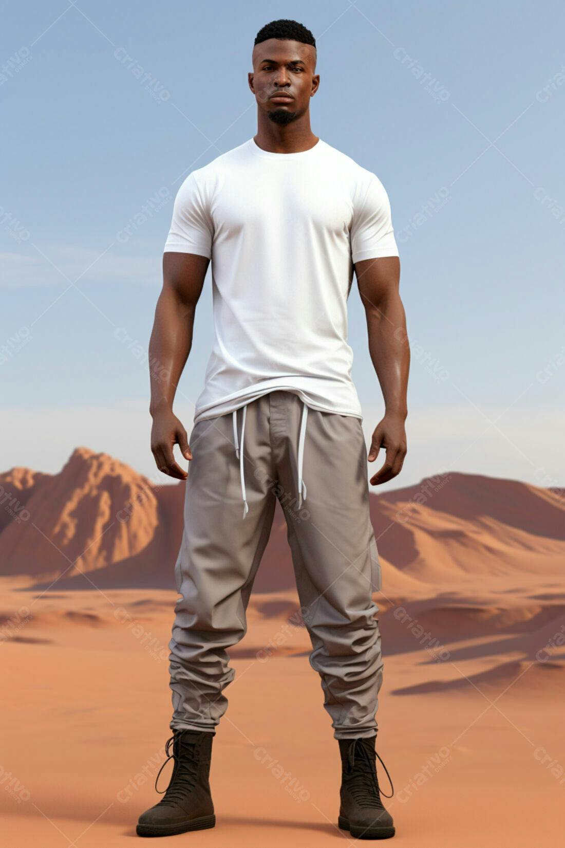 Homem negro vestindo roupa casual num deserto