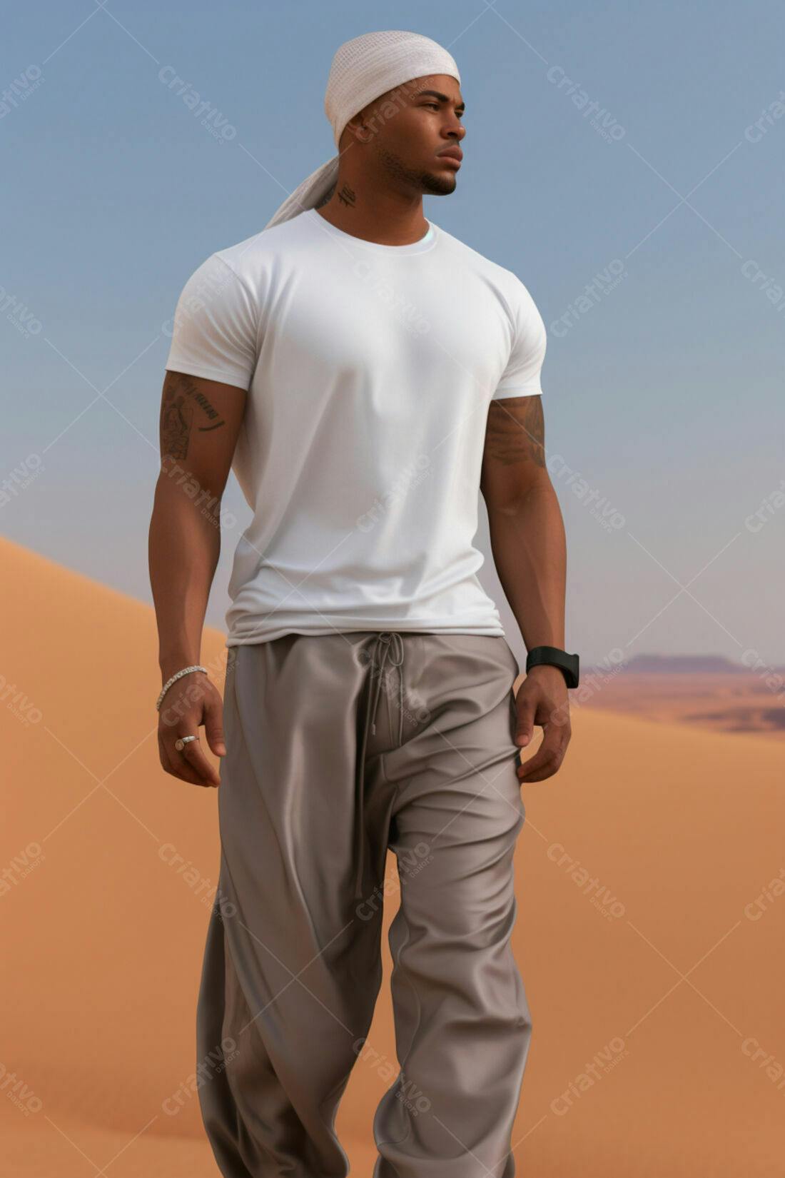 Homem negro em deserto usando turbante branco