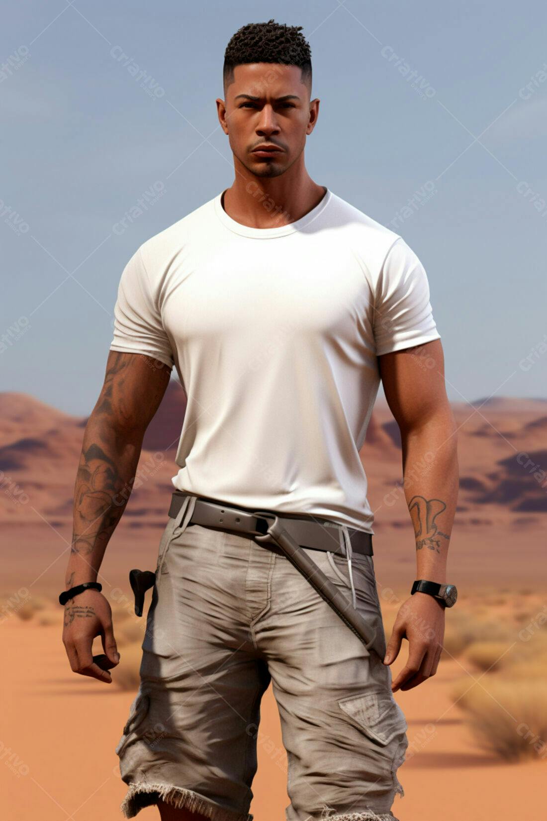 Homem moreno em deserto usando camiseta branca
