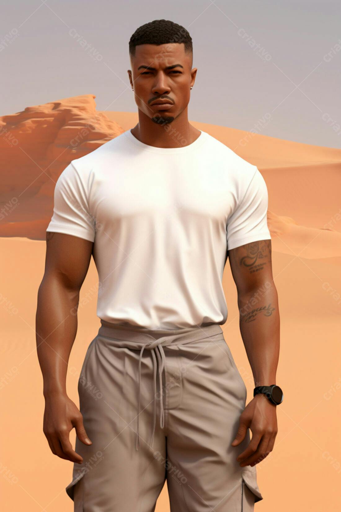 Homem moreno em camiseta branca no deserto