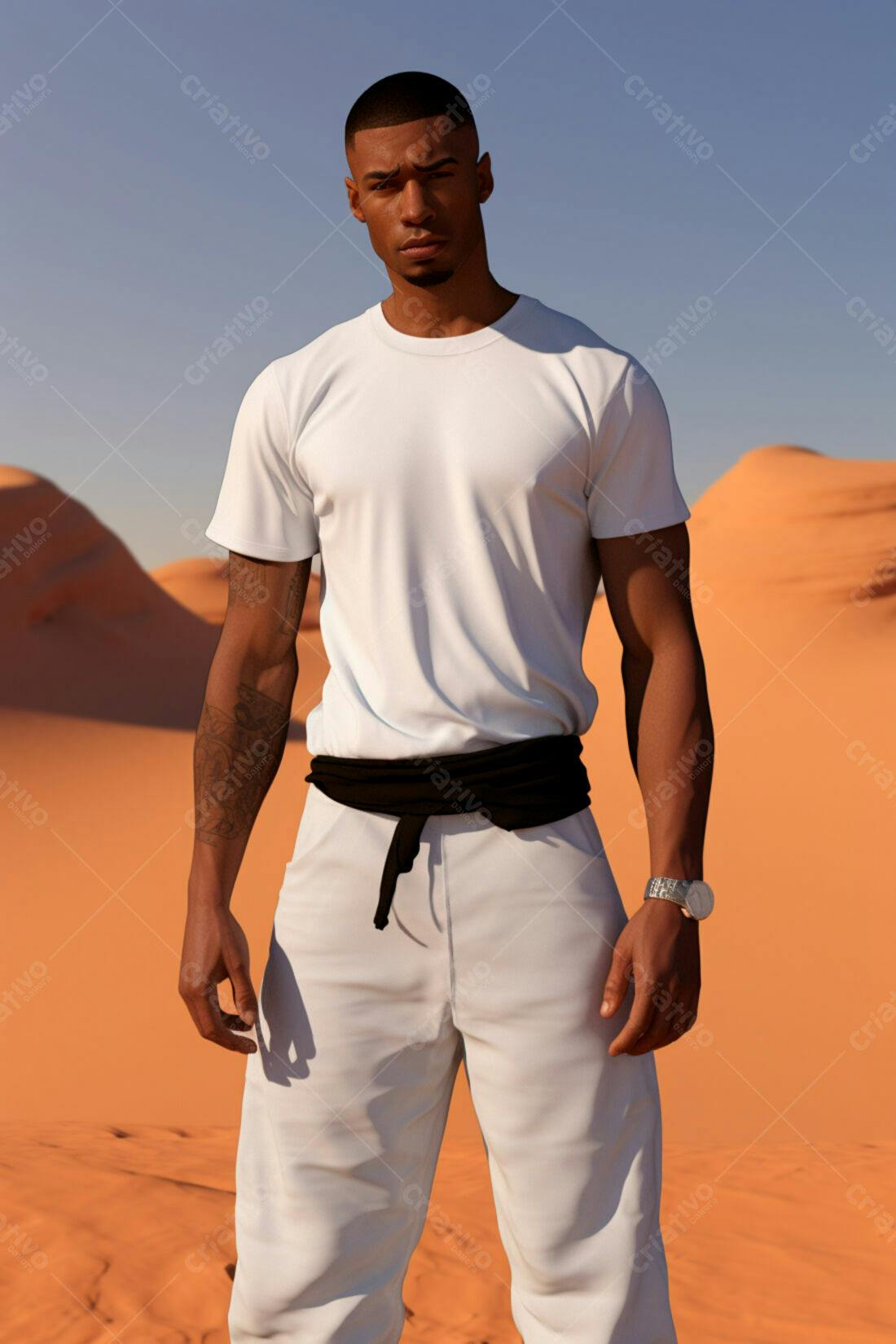Modelo masculino no deserto vestindo branco