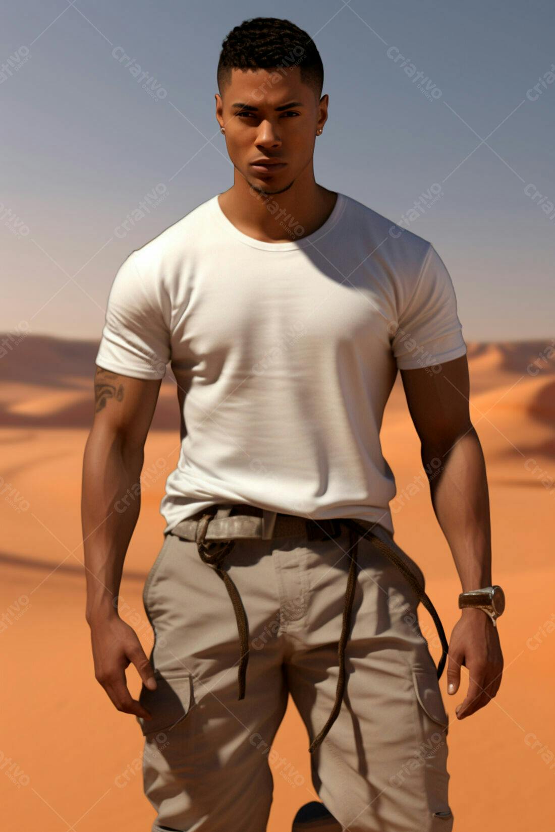 Modelo masculino no deserto vestindo branco e bege