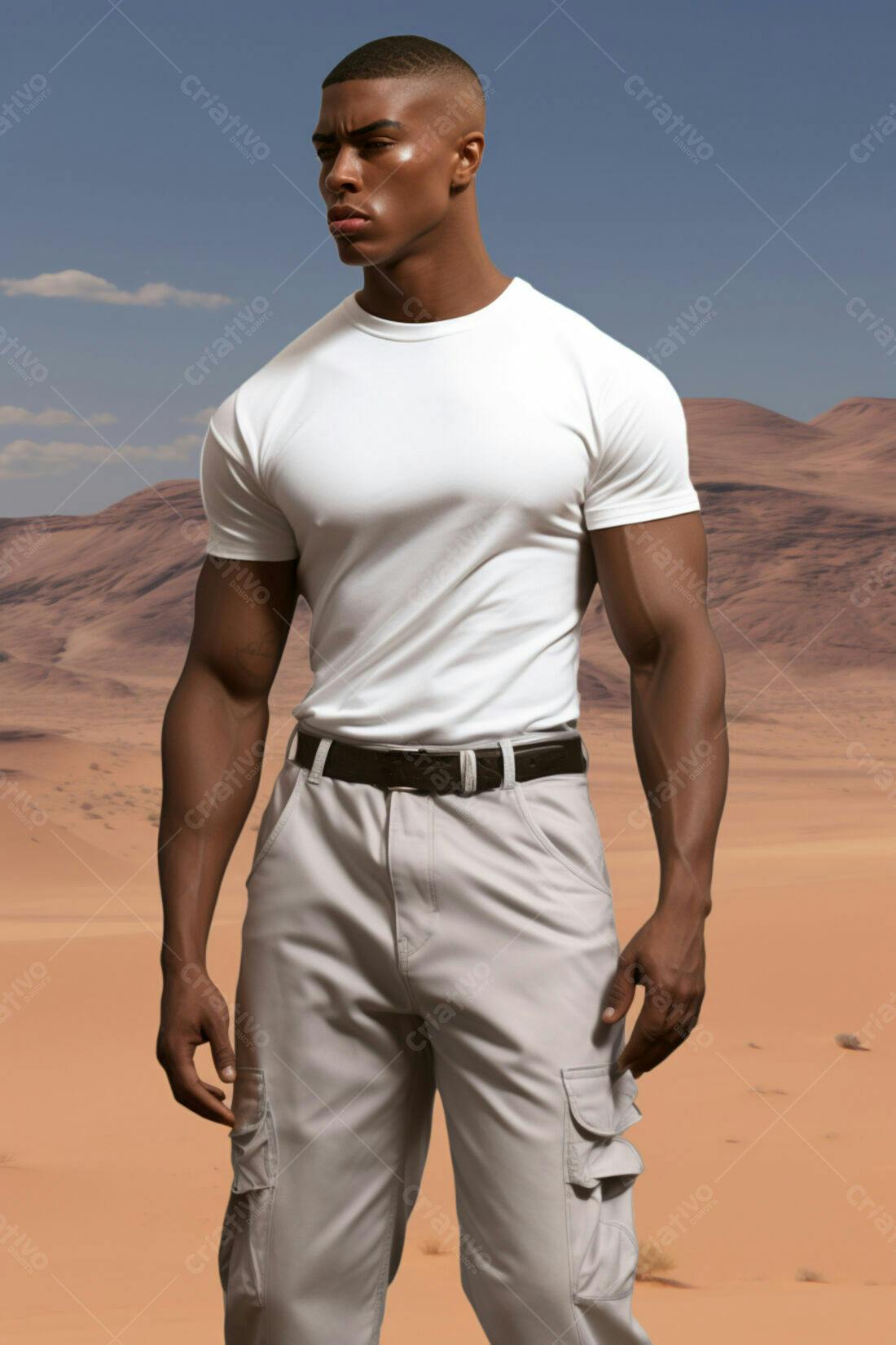 Modelo masculino usando camiseta branca e calças bege no deserto
