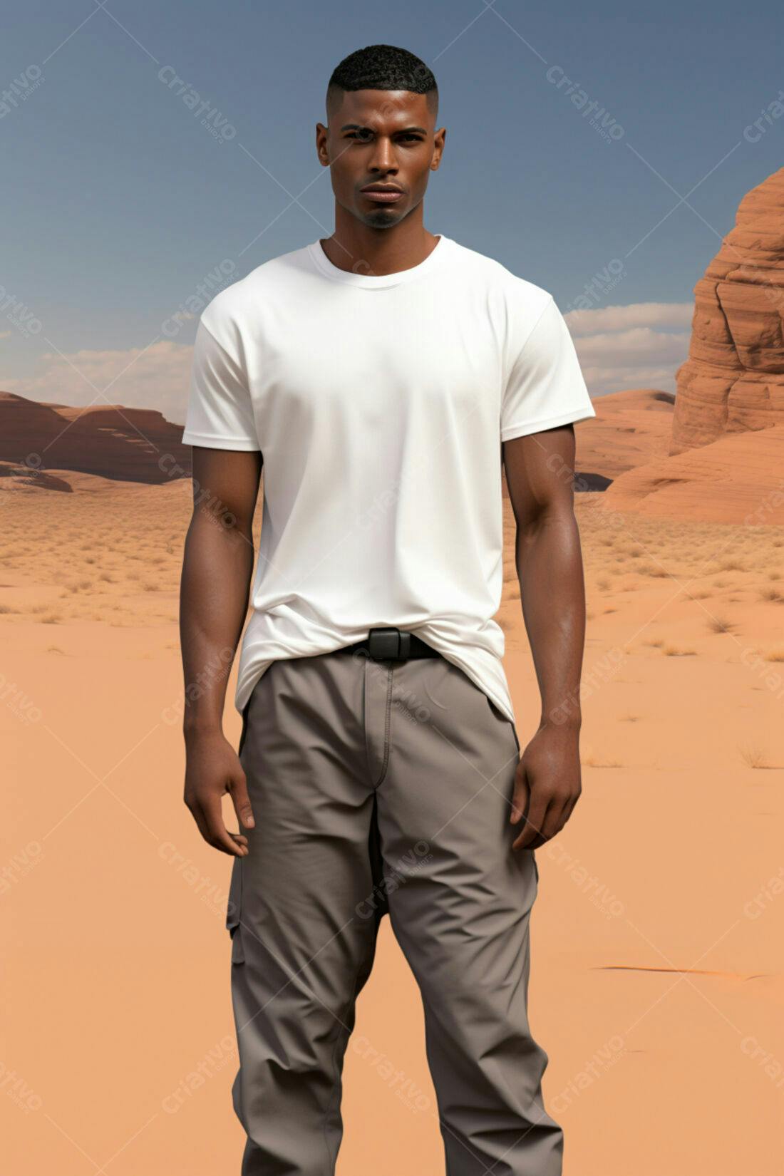 Modelo usando camiseta branca e calças cargo no deserto