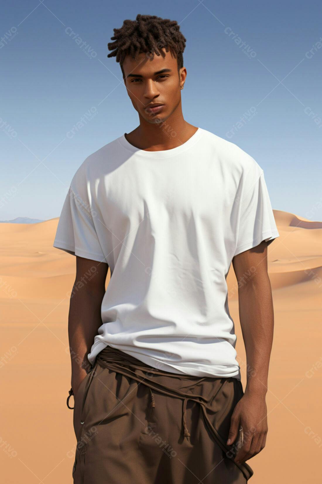 Modelo masculino usando camiseta branca no deserto