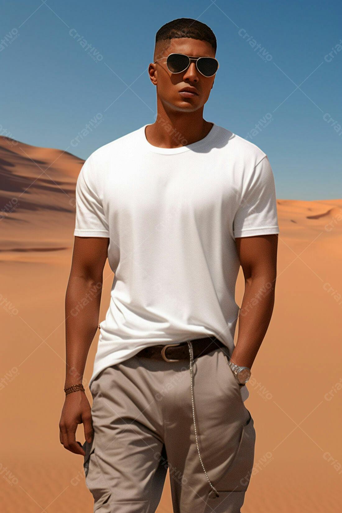 Modelo masculino usando camiseta branca no deserto