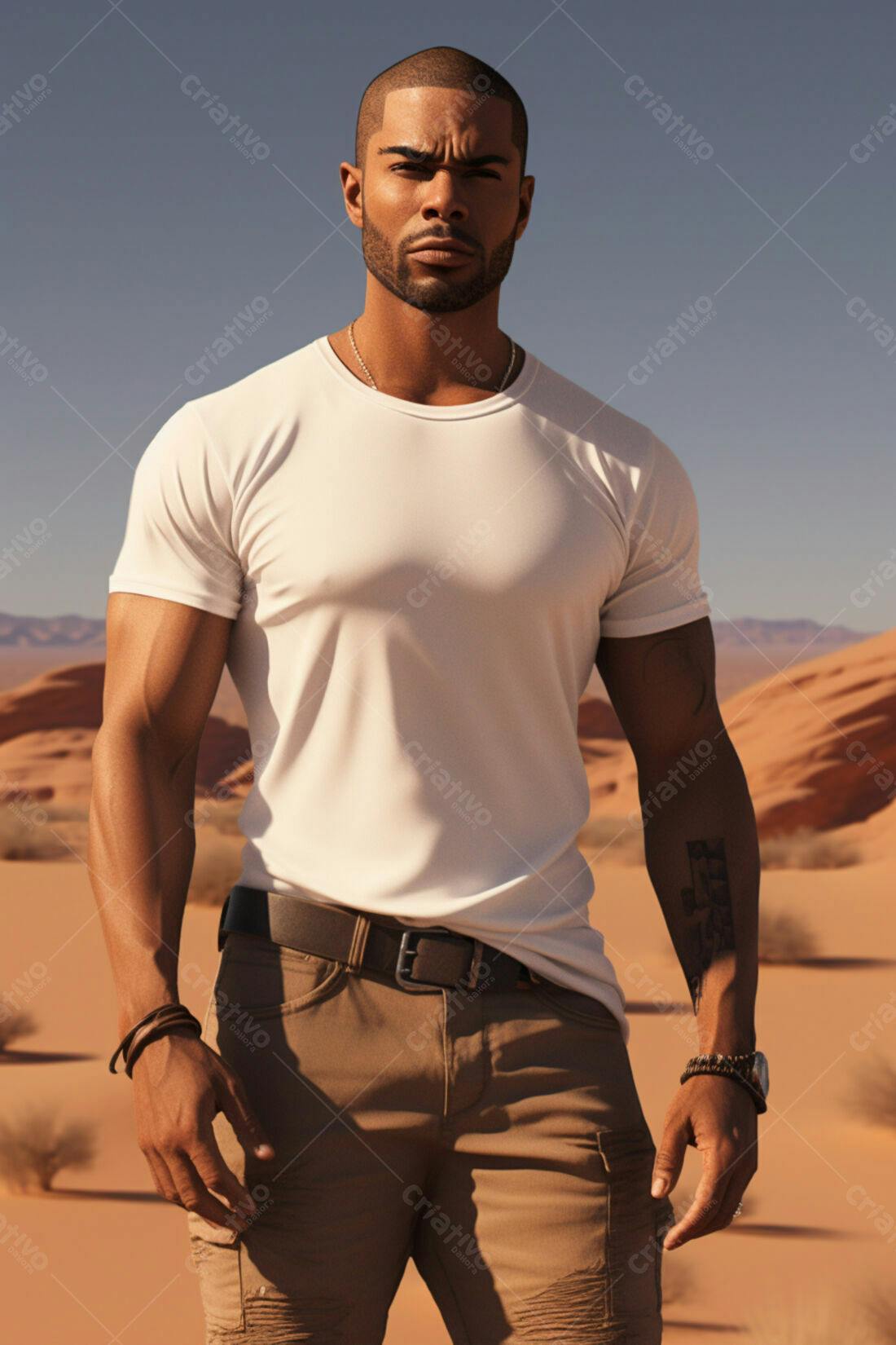 Homem moreno em deserto usando camiseta branca