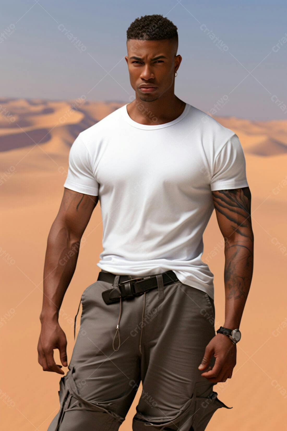Homem negro vestindo camiseta branca no deserto