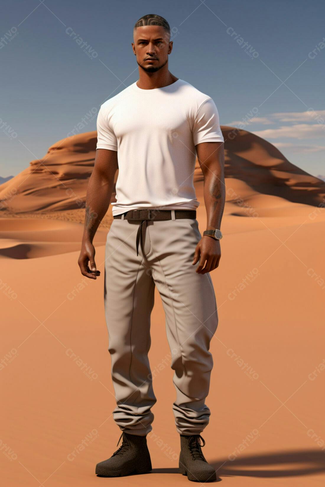 Homem moreno em deserto arenoso vestindo branco e bege