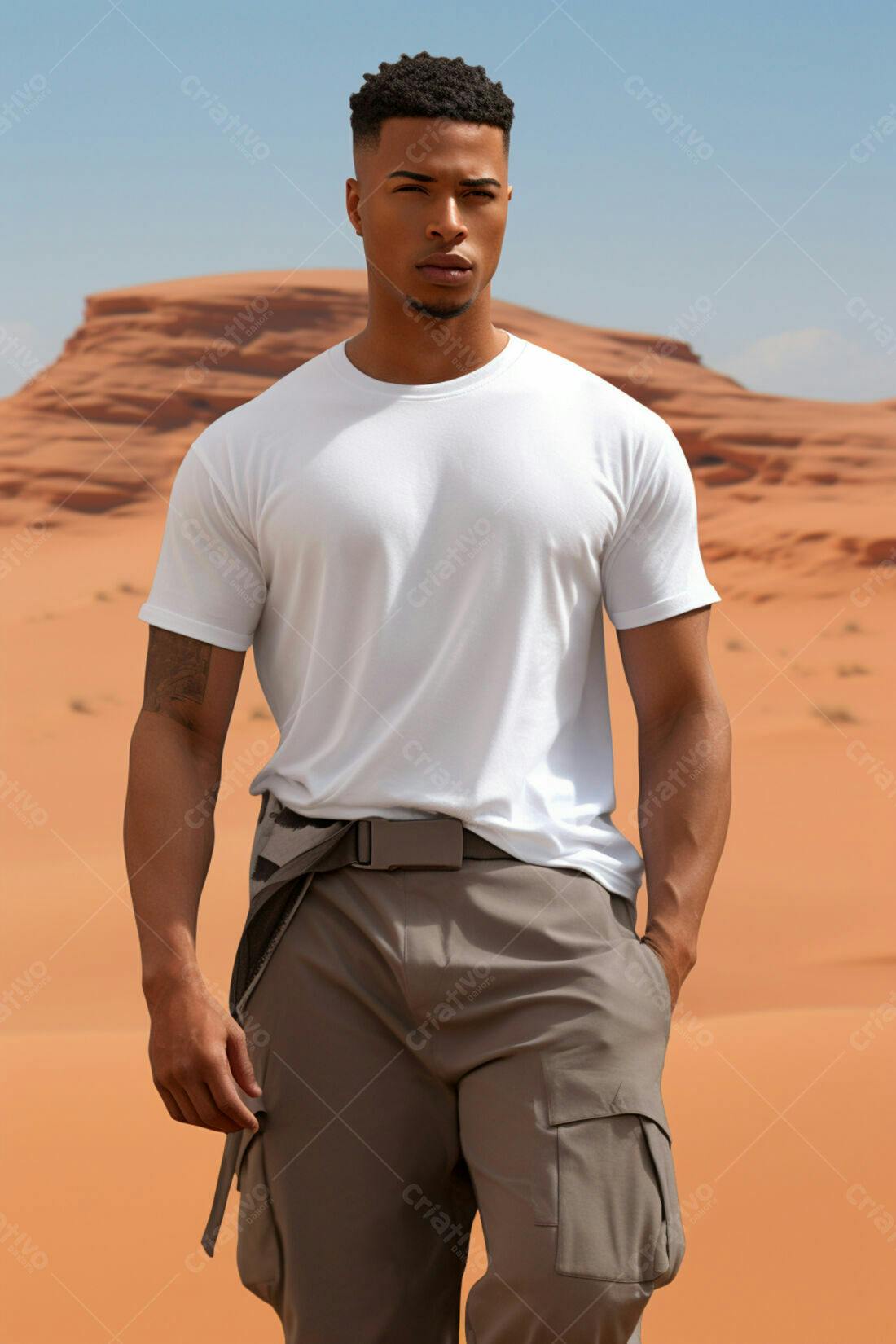 Modelo masculino em camiseta branca no deserto