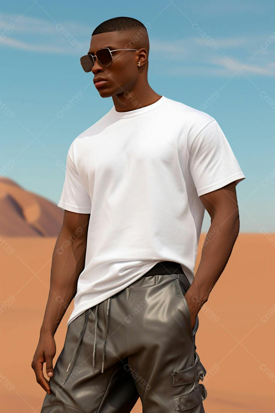 Modelo masculino usando camiseta branca e calças cinza no deserto