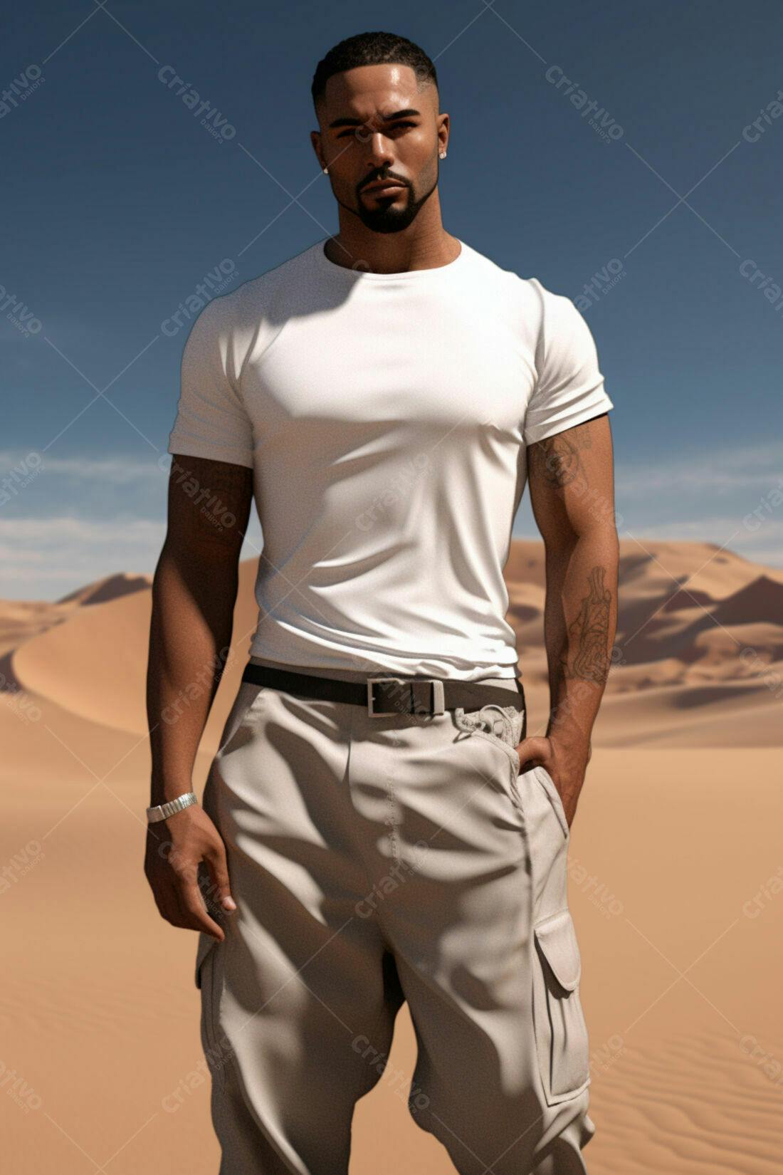 Homem moreno em camiseta branca no deserto