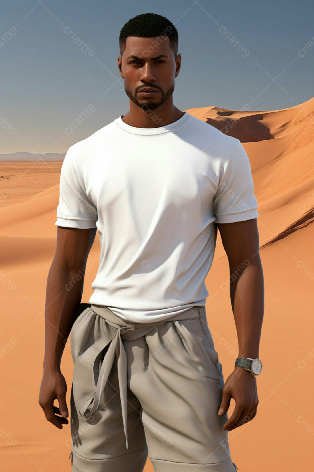 Homem negro vestindo branco e bege no deserto