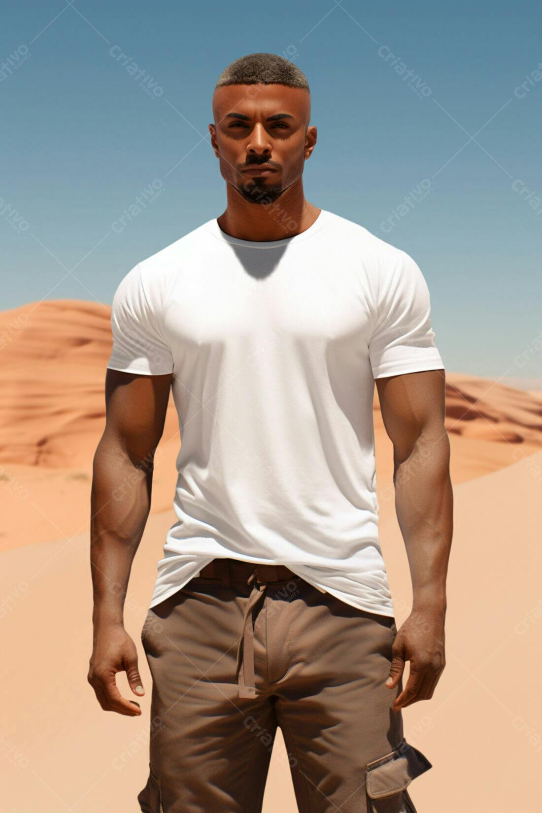 Homem negro usando camiseta branca em deserto
