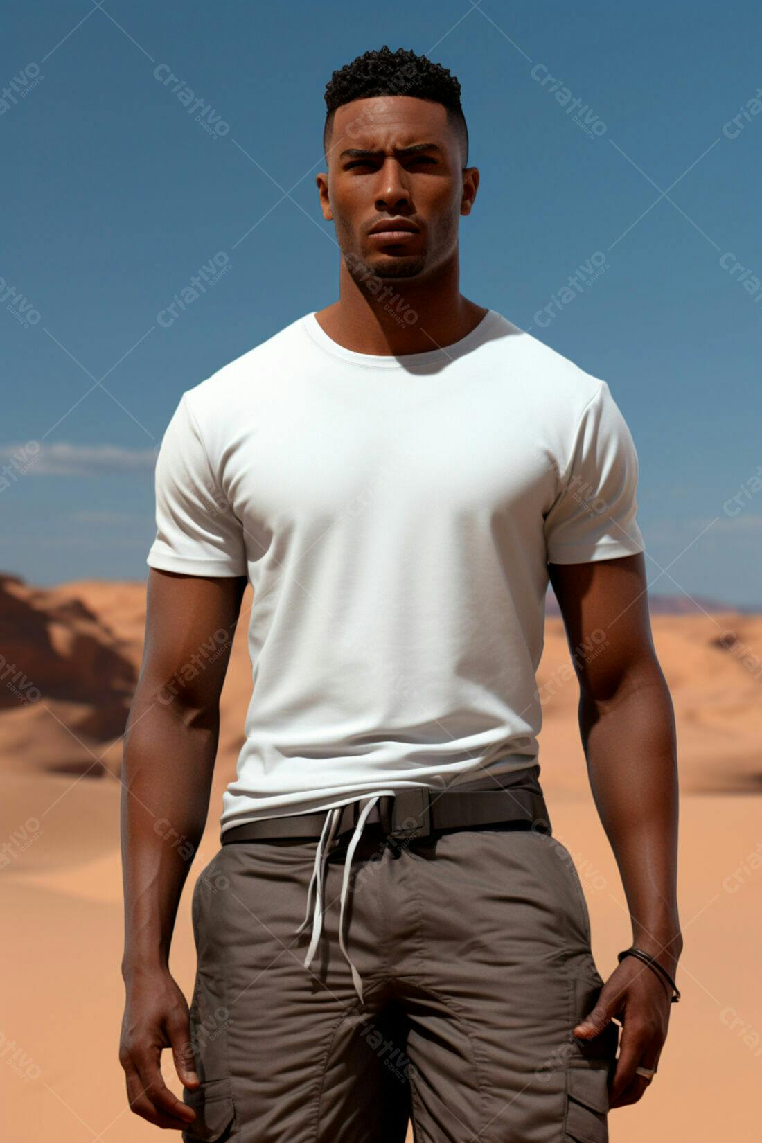 Homem negro em camiseta branca no deserto