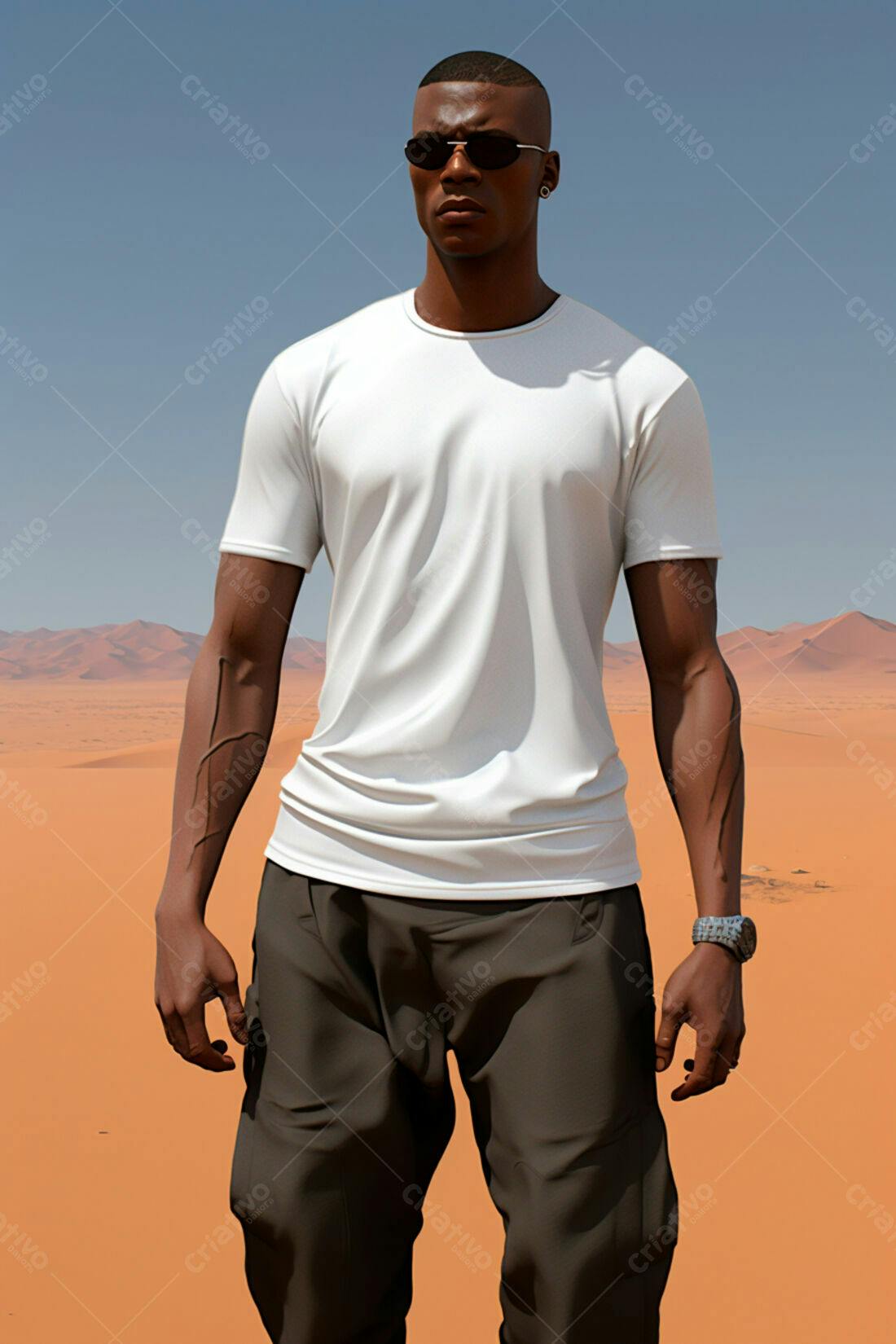 Homem negro em deserto usando camiseta branca