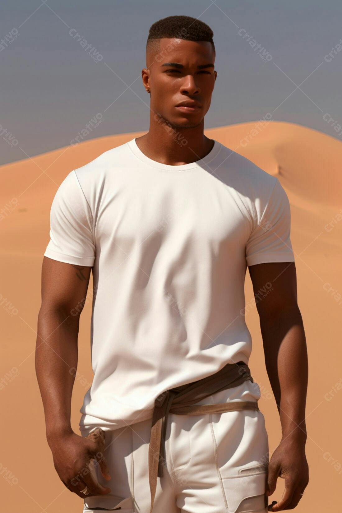 Modelo masculino vestindo branco no deserto