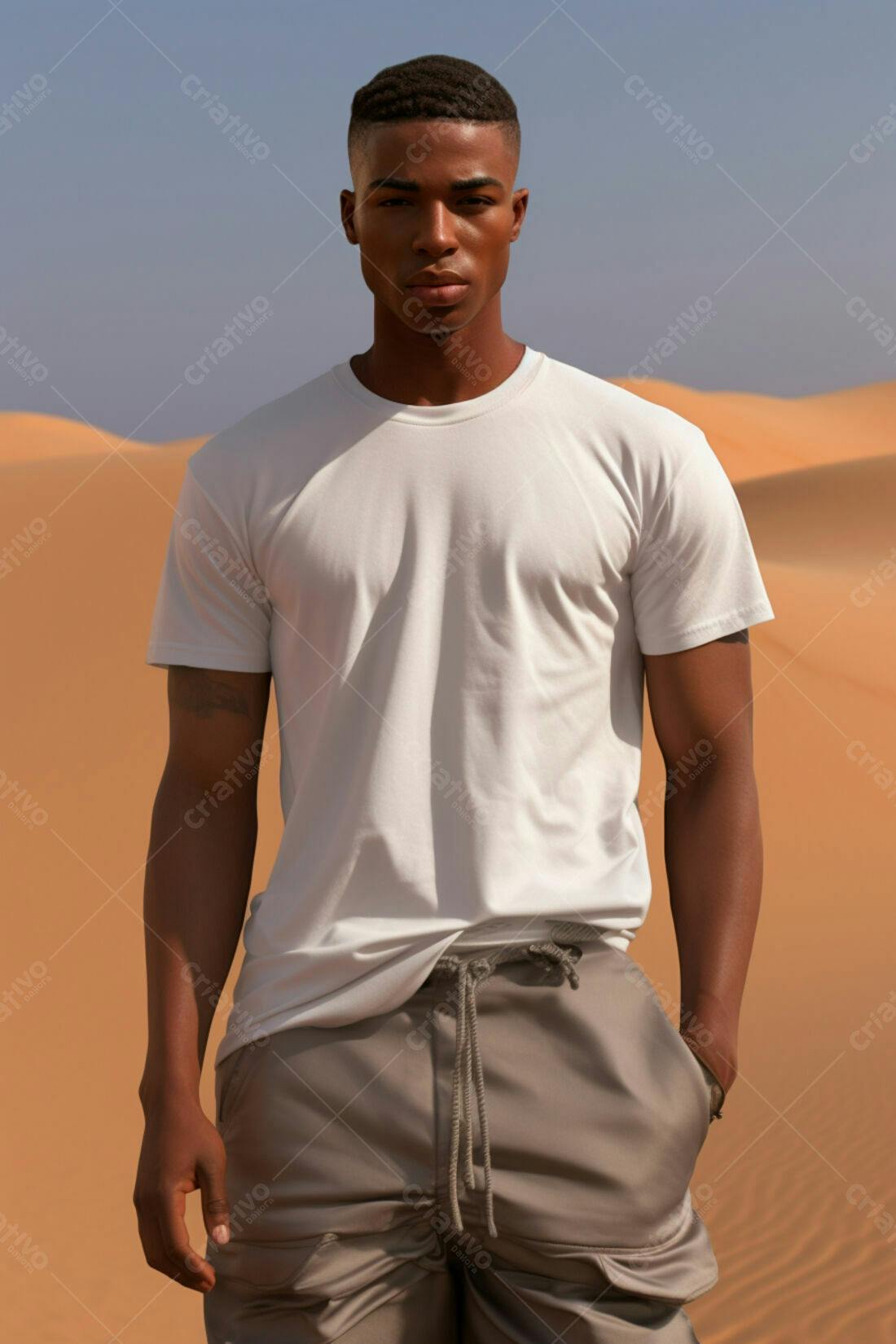 Homem negro em camiseta branca no deserto