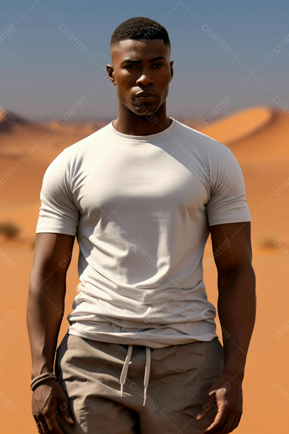 Homem negro vestindo camiseta branca no deserto